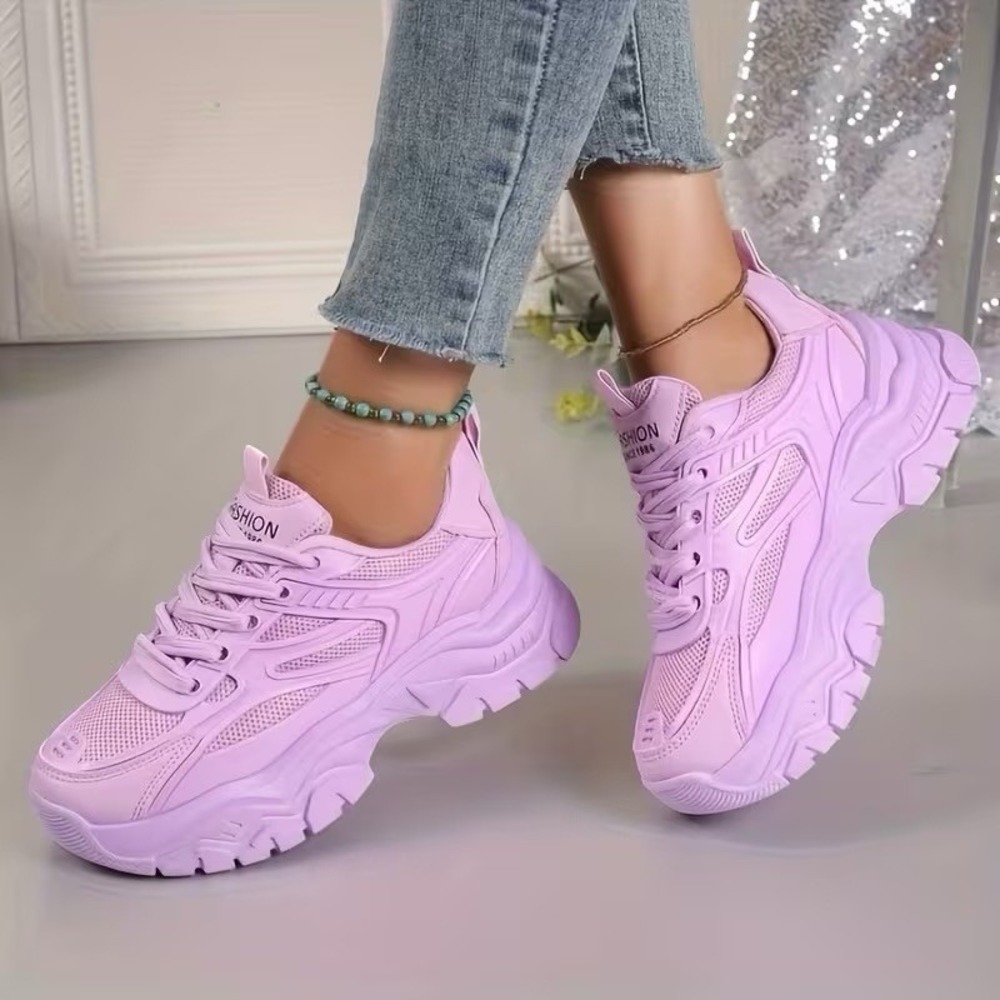 Purple Chunky Platform Sneakers W Thick -Slip Sole, Height Increase & Cushioned - Picture 2 of 13
